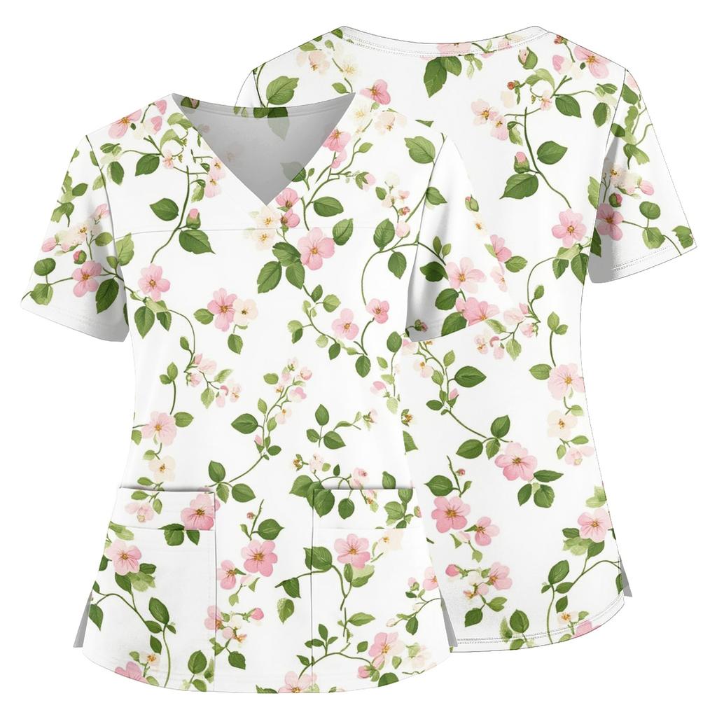 Women Floral Print V Neck Scrub Top with Pockets Side Slits Short Sleeve Medical Uniform Shirt for Healthcare Professionals