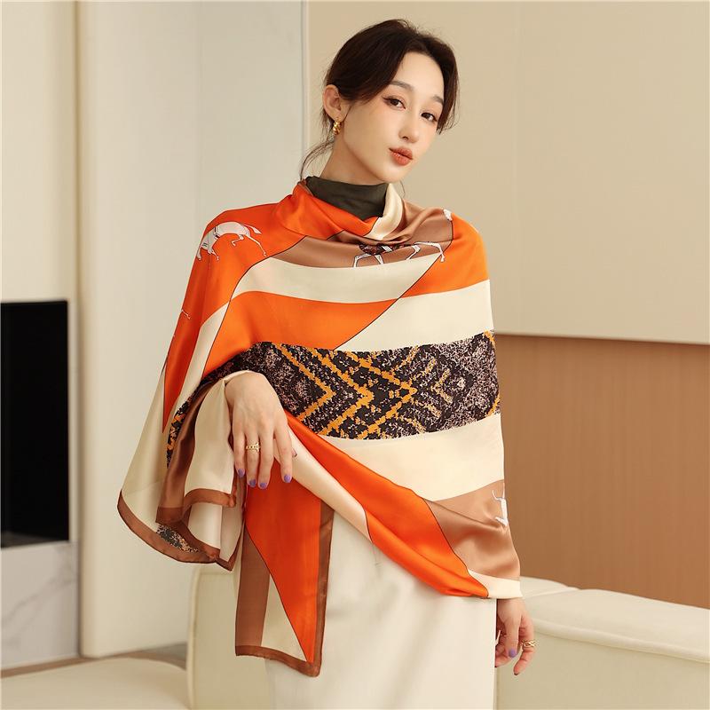 Wczesną wiosną nowy prosty kolorowy geometryczny blok kolorów długi jedwabny szal koreańska wersja damskiego temperamentu podróż długi szal
