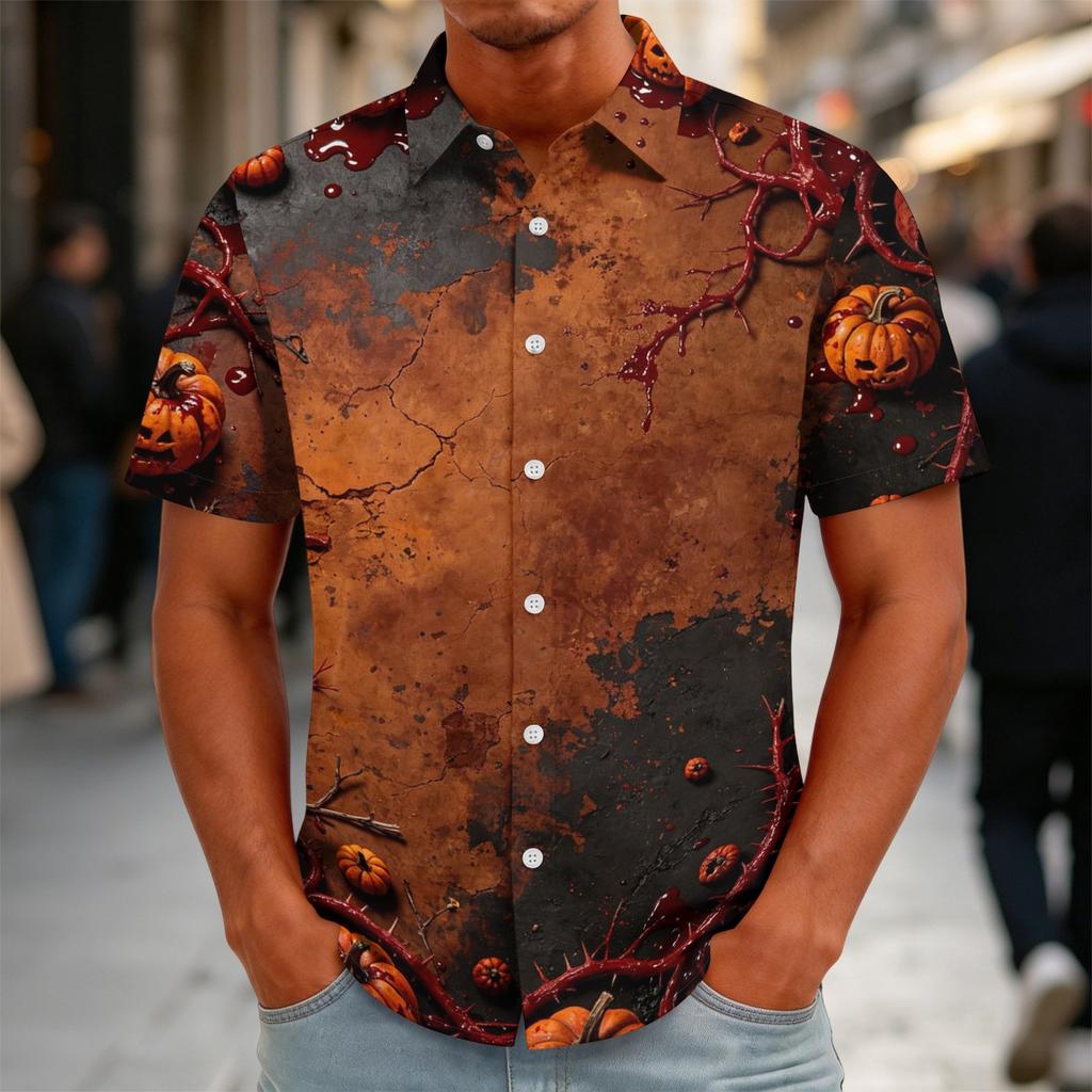 Men's Halloween Print Vintage Button Down Cardigan Shirt - Loose Fit Breathable Summer Casual Streetwear Top