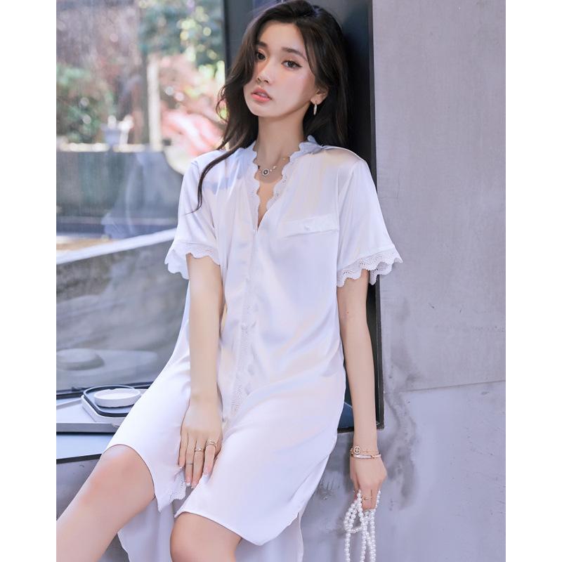 Fashion High-End Wavy Lace Short-Sleeved Shirt Summer Nightdress Women'S Sweet Wind Loungewear Can Be Worn Outside