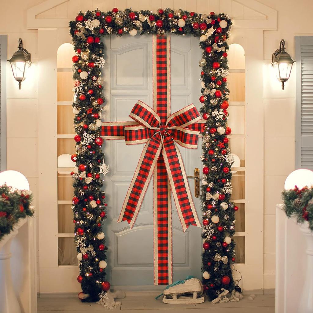 Red Christmas Door Decoration Ribbon Large Buffalo Plaid Bow Door Lace Outdoor Garden Front Door Decors Cabinet Door Ornament