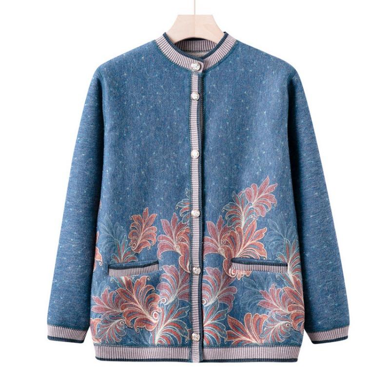 

Одежда для женщин среднего и пожилого возраста, осенне-зимняя флисовая утолщенная вязаная куртка-свитер, для пожилой леди, бабушки, новый кардиган с круглым вырезом 4XL (recommended 135-75kg) синий