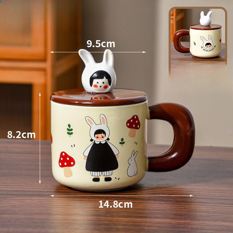 

Rabbit Girl Ceramic Mug with Lid In Office Drinking Water Wind Retro Cute Cup Girls Best Friend Water Cup 450ml