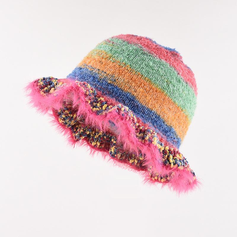 New Style Fashion Retro Colorful Striped Oil Painting Style Ruffled Fisherman Hat for Women In Autumn and Winter Warm Knitted Pot Hat Trend