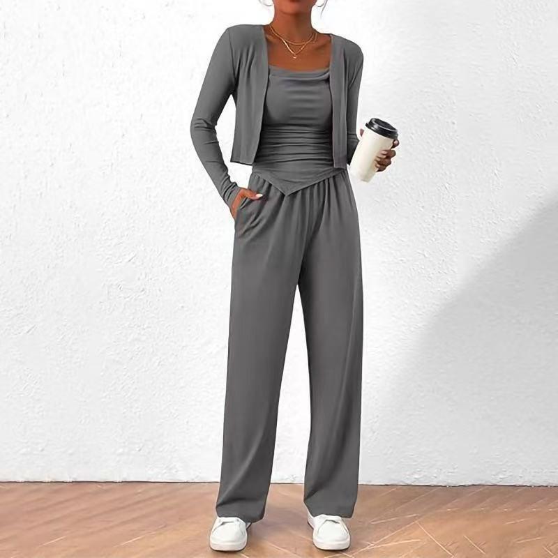 Women S Casual Lazy Design Three Piece Set Coat Strap Pants