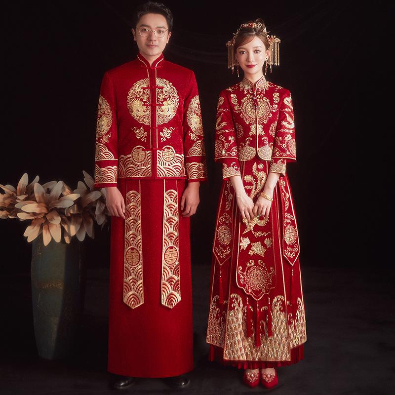 2026 Neues Xiuhe Brautkleid: Chinesisches Hochzeitskleid Drache Phönix, Set für Paare
