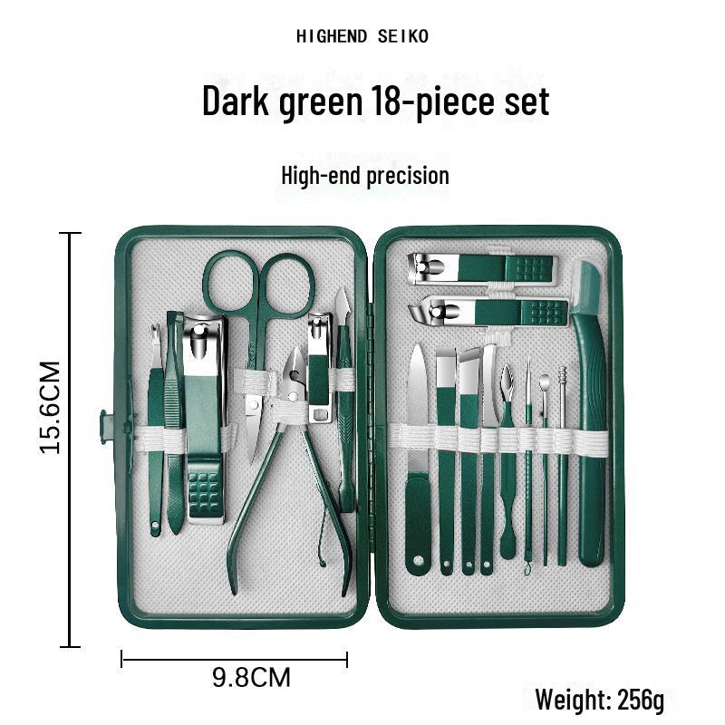 

Набор для ухода за ногтями из темно-зеленой нержавеющей стали, 18 предметов, включая кусачки, ножницы и плоскогубцы Hawkbill