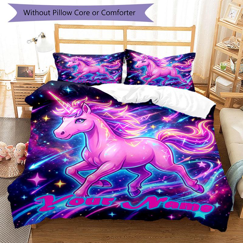 3pcs Custom Name Unicorn Magic Space Bedding Set Printed Bedding Set Duvet Cover Closure Includes 1 Duvet Cover & 2 Pillowcases Bedroom Decor