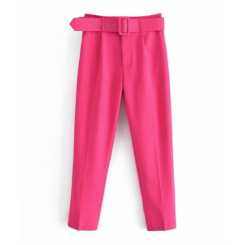 New Women's Casual Pants, Slim Fit Straight Leg Stretch Trousers with Belted Waist, Solid Color Office Wear Cropped Pants