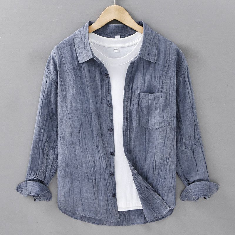 Spring Summer Retro Distressed Pleat Cotton Linen Long Sleeve Shirts Men's Chinese Style Loose Casual Shirt Breathable Linen