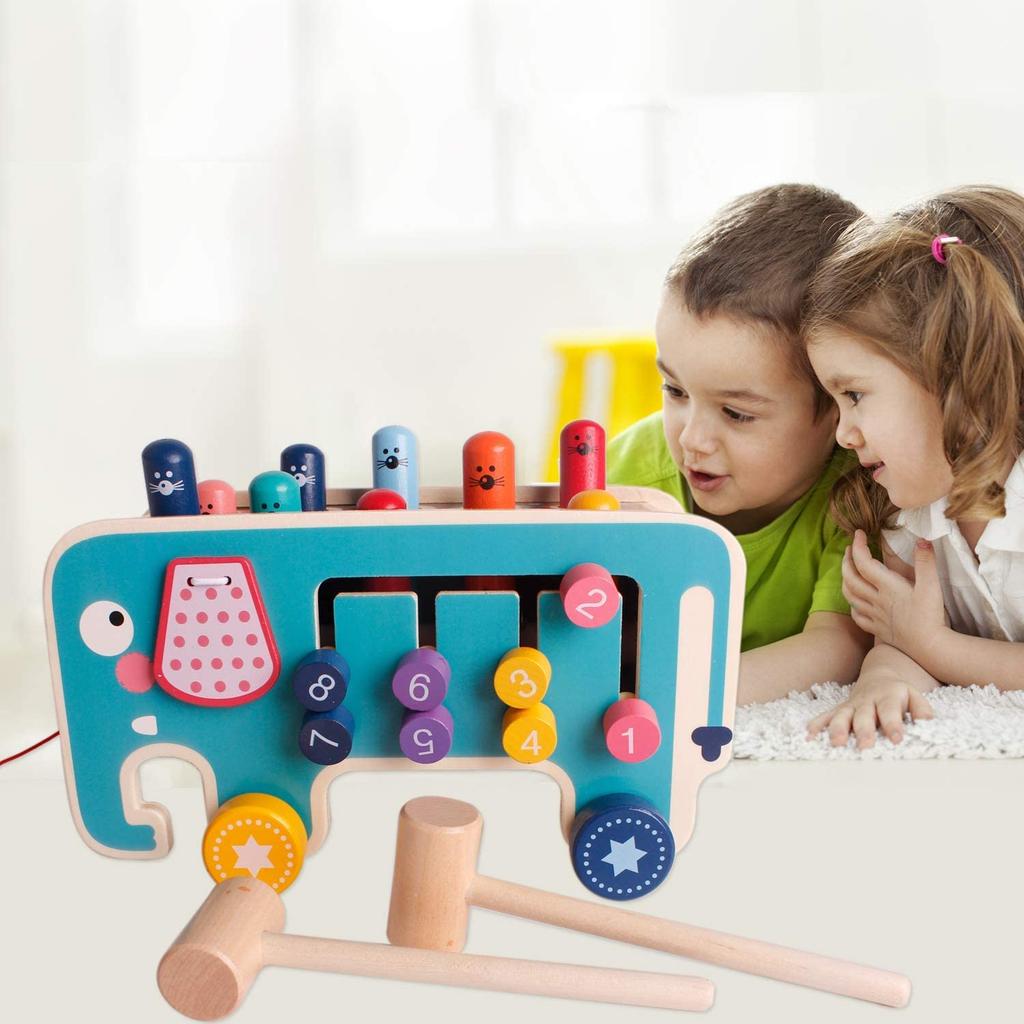 Wooden Educational Cube, Elephant, Hammer, Dexterity Toy, Montessori