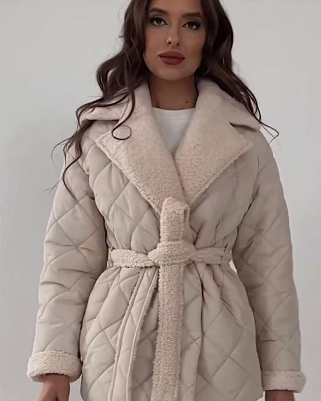 

Хлопковая одежда средней длины с лацканами и шнуровкой, модная в 2025 году, свободного кроя и универсального дизайна с поясом, женская куртка S абрикосовый