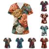 Women's V-neck Three-pocket Short-sleeved Retro Print  Uniform/caregiver Top With Slits At The Hem