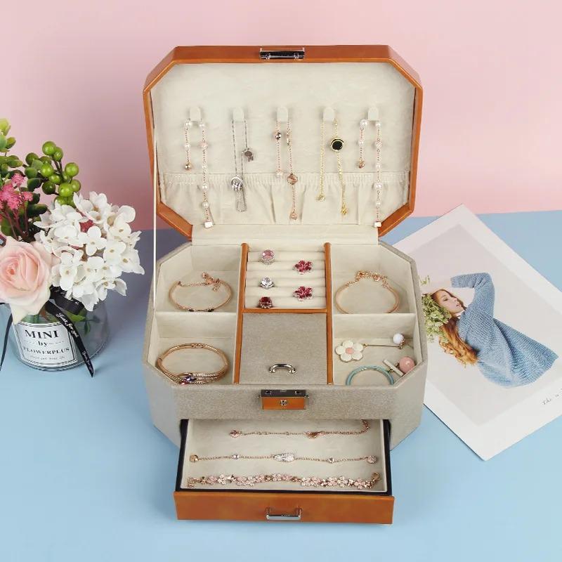 Large Jewelry Box Vintage Velvet Necklace Bracelet Ring Earrings Jewelry Boxes Luxury Dawer Organizer Stoage Women's Ornaments Accessories Tray Holder
