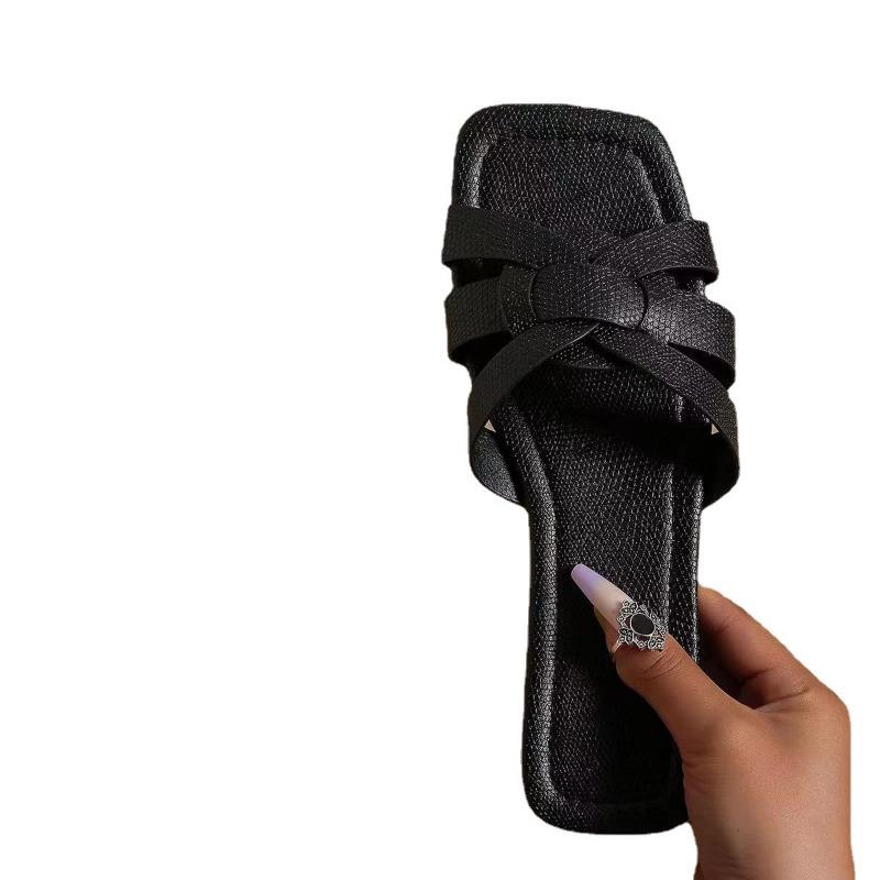 Large-sized Flat One-line Square Perforated Shoes Beach Slippers and Fashionable Slippers