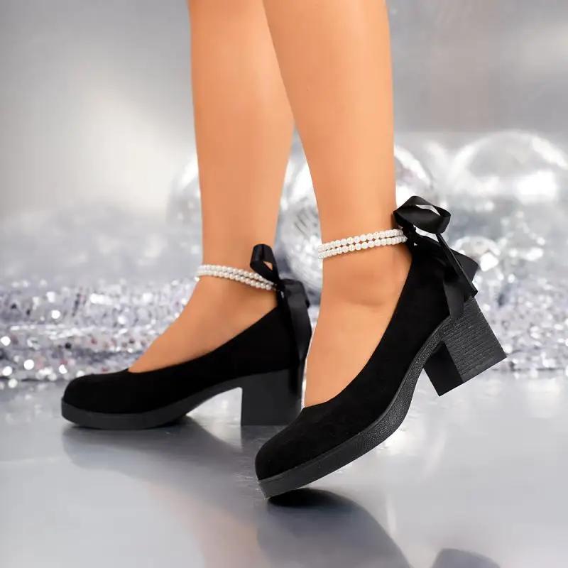 Retro Suede Black Mary Jane Shoes Women 2025 Summer Elegant Ankle Pearl Chain Medium Heel Pumps Luxury Bowknot Party Dress Pumps