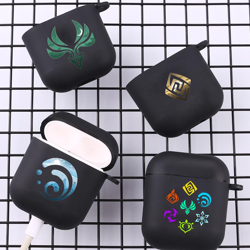 Süßes Genshin Impact Logo Mit Haken Für Airpod Pro 3 Pro2 Schwarze Schutzhülle Weiche Hülle für Apple Airpods 2 1 Kopfhörerhüllen