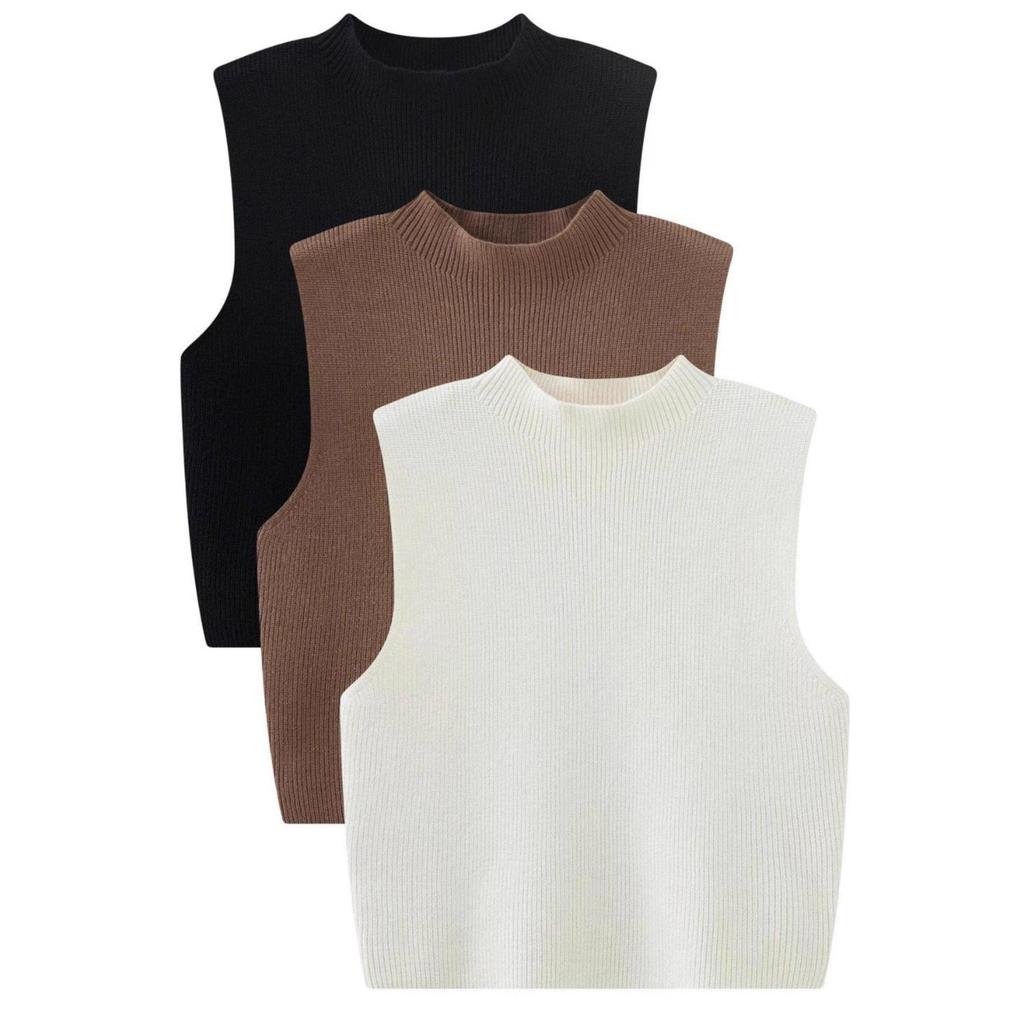 Women's Slim-Fit Sleeveless Knit Vest with Half-High Collar