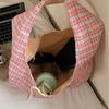 Japanese Style Chic Gingham Checkered Tote Bag Large Capacity Canvas Shoulder Bag for Women