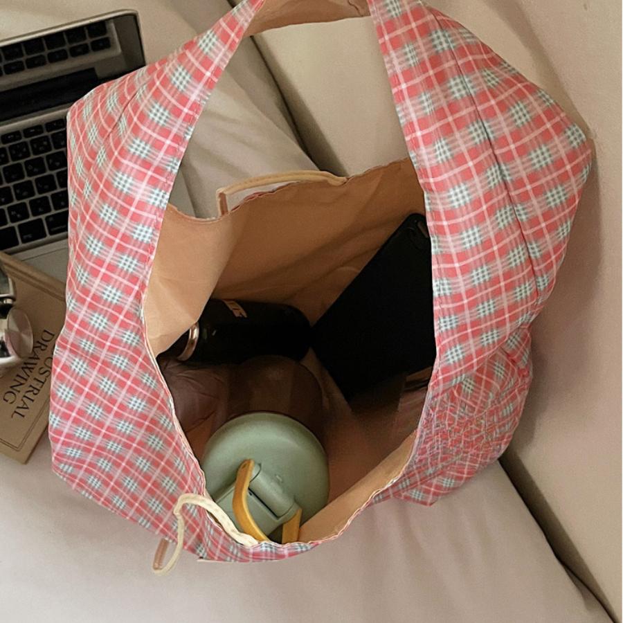 Japanese Style Chic Gingham Checkered Tote Bag Large Capacity Canvas Shoulder Bag for Women