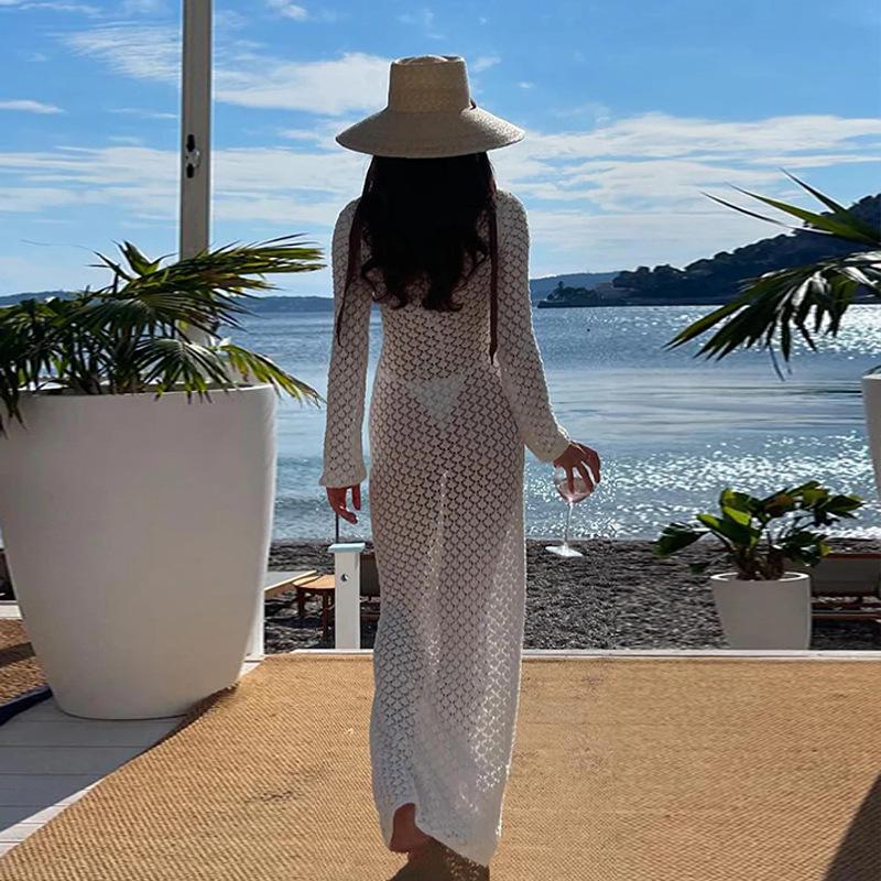 Elegant Knit Hooded Beach Cover-up: Long Sleeve Dress & Cardigan