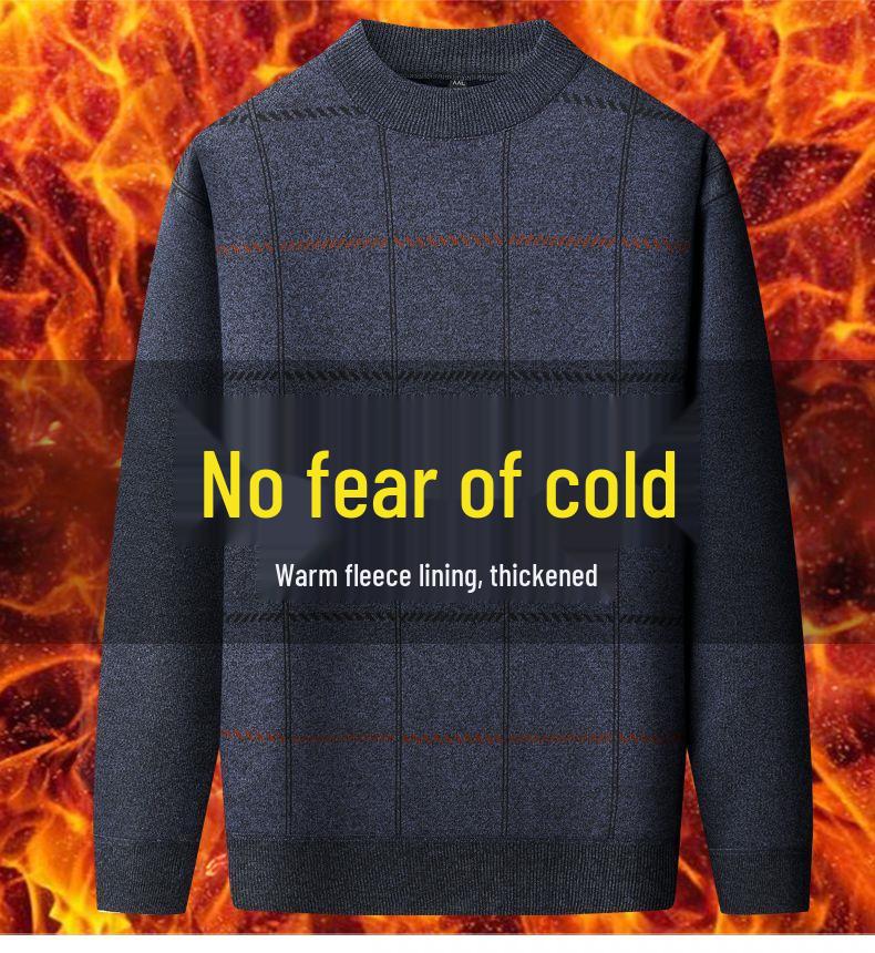 Warmer Herren-Pullover mit Karomuster und Plus-Samt für mittleres und älteres Alter (50er-60er Jahre) - Herbst/Winter Rundhals Basisschicht