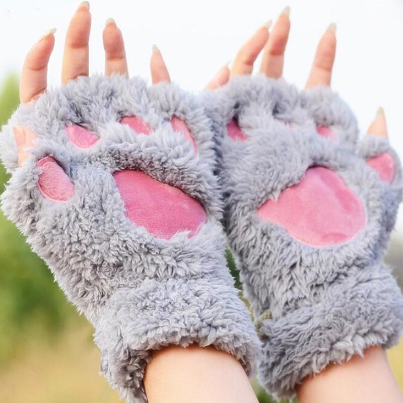 Korean Style Women's Half-Finger Plush Gloves with Embroidered Bear and Cat Paw Design