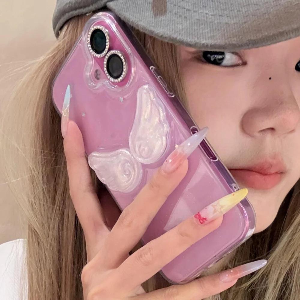 Korean INS Cute Glitter Shiny Angel Wings Phone Case For iPhone 17 Air 16 15 14 13 12 11 Pro Max X XR Max Clear Cover Girl Gift