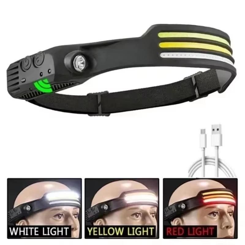 Portable COB Headlamp Sensor LED Head Flashlight Rechargeable Red and White Yellow Light Modes Outdoor Fishing Camping Lantern
