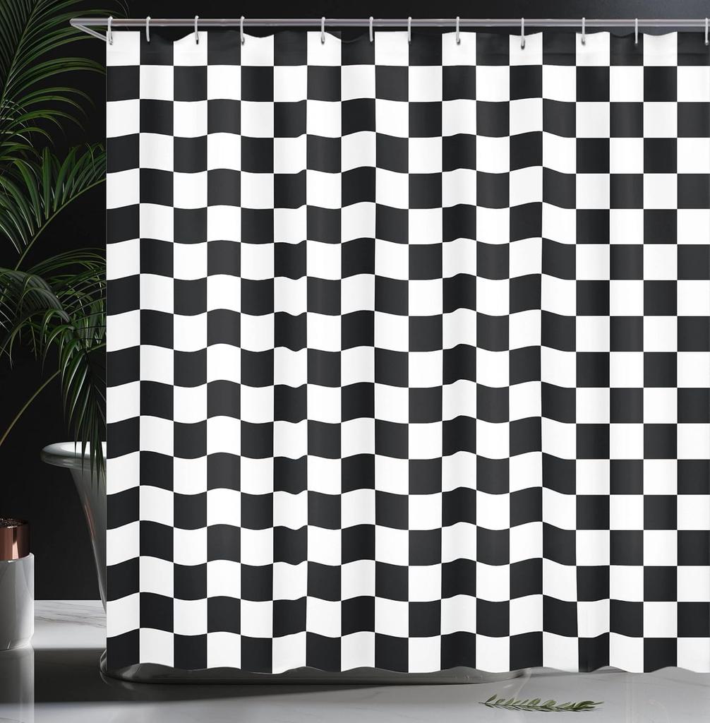 Checkers Game Shower Curtain, Geometric Grid Style Monochrome Squares In Traditional Game Board Design, Cloth Fabric B