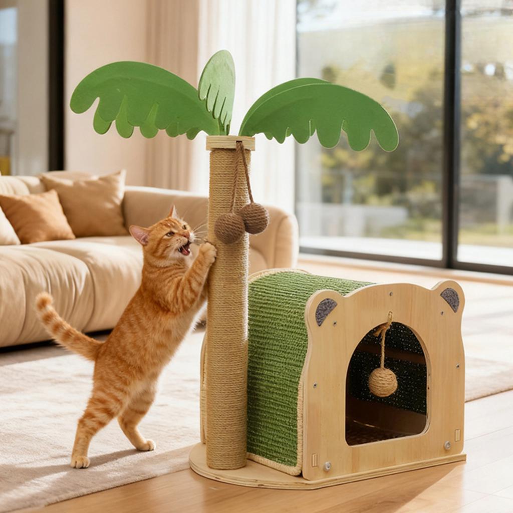Coconut Tree Cat Scratching Post Wooden Cat Tree with Hanging Ball Cozy Condo Wide Perch for Indoor Kittens Adult Cats Play Rest