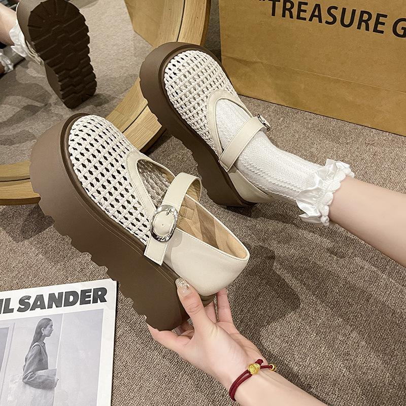 Hollow Woven Through Net Loafers Women's 2025 Spring and Summer New Mary Jane One-word Buckle with Shallow Mouth Thick Sole Women's Single