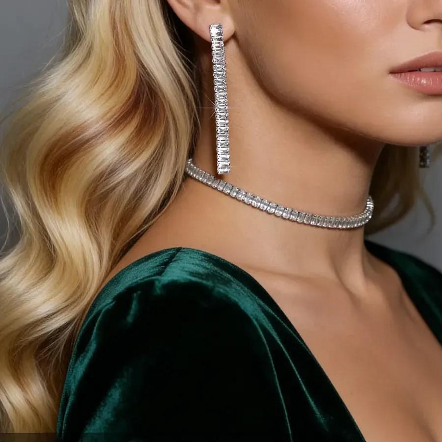 New European And American Light Luxury Full Diamond Zircon Geometric Necklace Earrings Set Fashionable Bridal Jewelry Set