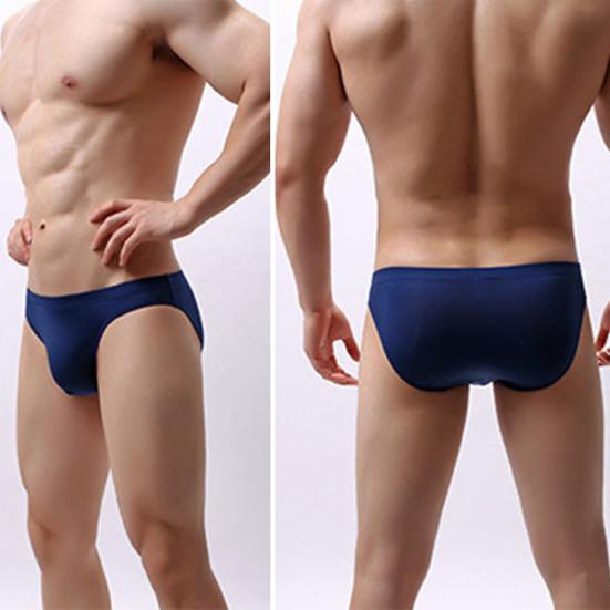 Men Sexy Briefs Mid-rise Ice Silk Thin Translucent Panties Elastic Waistband Solid Color U-Convex Underwear