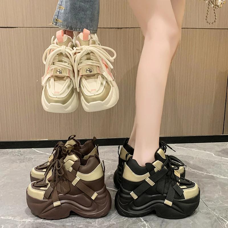 Fashion Winter Women Chunky Warm Sneakers Leather Casual Shoes 10CM Wedge Heels Platform Boots Chaussures Femme Plush Dad Sneaker