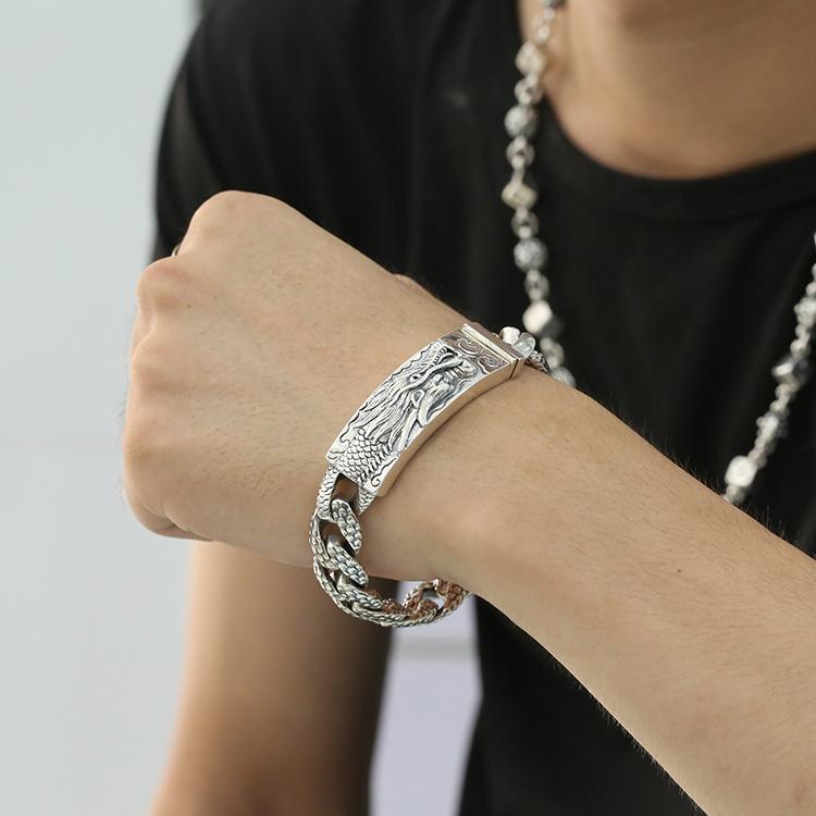 2026 Trendy Brand Chain Jewelry Retro Personality Domineering Dragon Pattern Men's Bracelet Carved Faucet Silver Chain