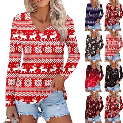 Γυναικείο Casual Μόδα Σέξι Άνετο Χριστουγεννιάτικο Πριτ V-λαιμόκοψη Κουμπωτό Μακρυμάνικο