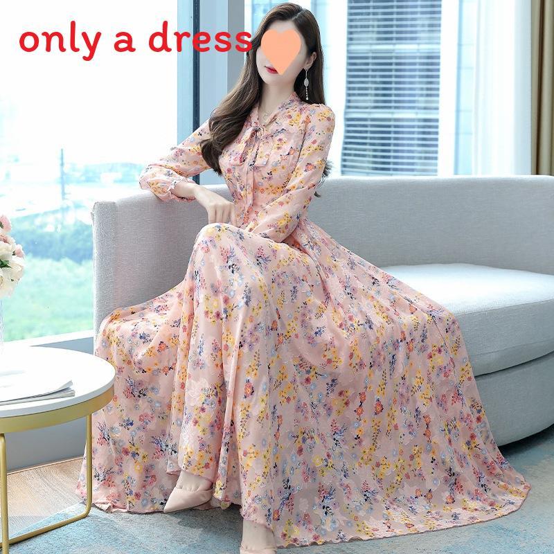 Spring Autumn Mom Dress With Waistcinch Vneck Long Chiffon Skirt For Commuting And Office