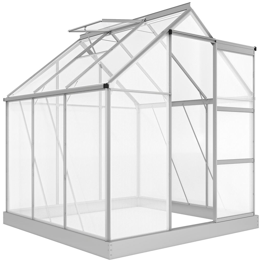 6 X 6ft Walk-In Greenhouse, Polycarbonate Greenhouse with Sliding Door, Window, Aluminium Frame, Foundation, Silver