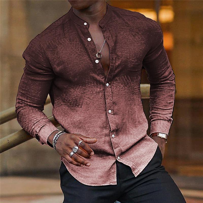 Spring and Autumn Gradient Men's Slim Casual Long Sleeve Stand Collar Turn-Up Shirt