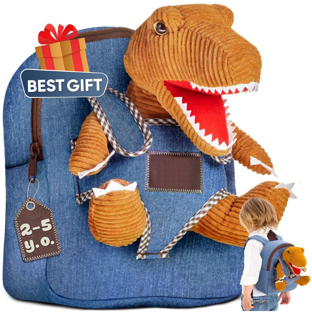 Barnesekk i denim med dinosaurmotiv – Søt og lett skolesekk med avtakbar plysjleke for gutter og jenter