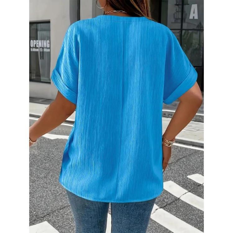 T-shirt Casual da Donna Taglie Forti Casual Colore Unico Bottoni Scollo a V Elegante Colore Unico Manica Corta Abbottonata Moda Quattro Stagioni Nuovo