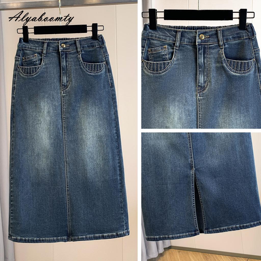 Korean Fashion Autumn Spring Women Plus Size Midi Denim Skirt Elastic Waist Washed Cotton Stretchy Split Skirt Vintage Feminine A-Line Skirt