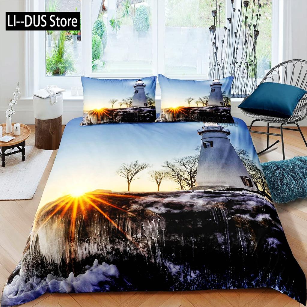 Lighthouse Duvet Cover Set Nautical Surfing Ocean Wave Bedding Set Queen Polyester Coastal Nature Theme Quilt Cover For Kids Boy
