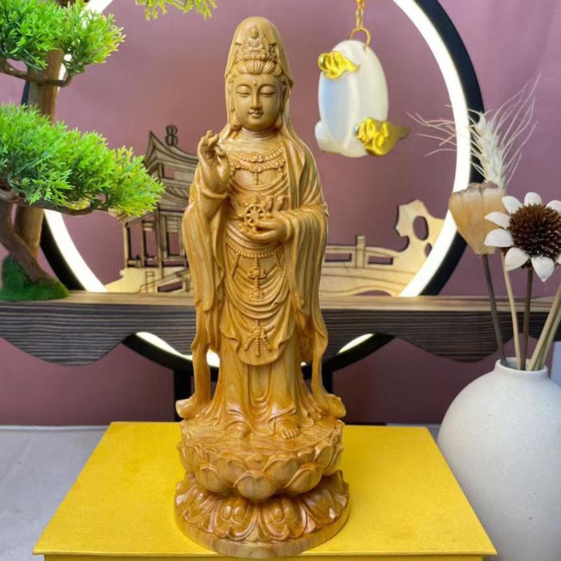 

wood carving Nanhai Guanyin sculptures and figurines Chinese Buddha statues Home Room Office Wealth Luck Feng Shui Decor 7.86 in