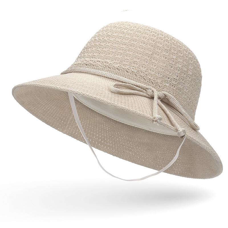Zhen yue qi summer sun hat for women - travel, hollow knit bucket hat, beach windproof rope sun protection visor
