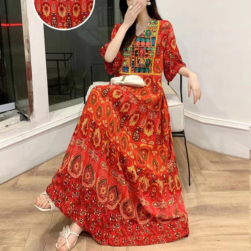 

Женское летнее вышитое платье в этническом стиле, классическое туристическое платье из хлопка и шелка с цветочным принтом для пляжа One Size