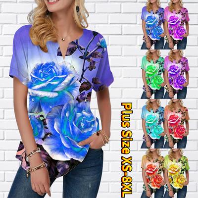 Women Summer T Shirt Giant Flowers Print Short Sleeve Tees Casual Tops Small V-neck Short Sleeves