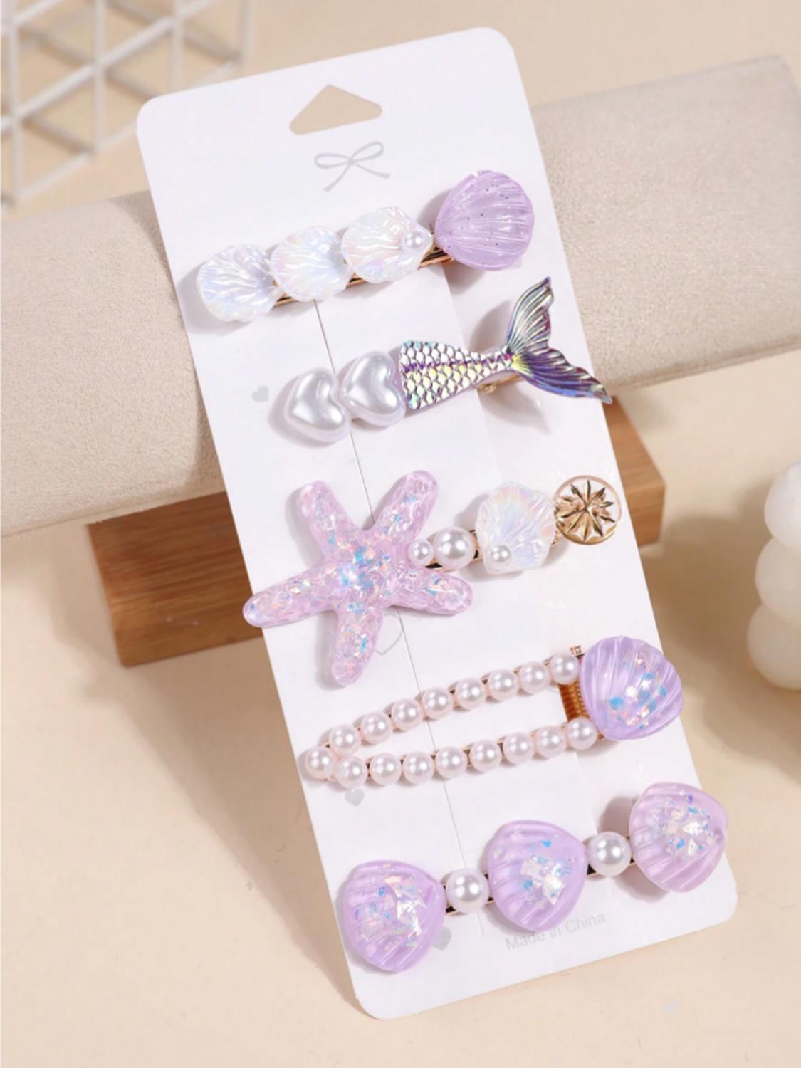 

5 шт./набор Серия Gril Marine Заколки для волос в виде рыбьего хвоста из искусственного жемчуга и ракушек в форме звезд