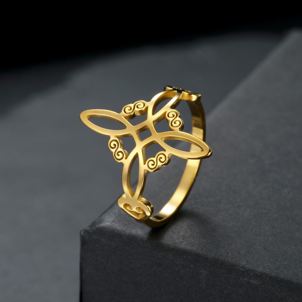 Stainless Steel Women'S Retro Witch Knot Ring Hollowed Out Celtic Knot Amulet Good Luck Symbol Couple Jewelry Holiday Gift